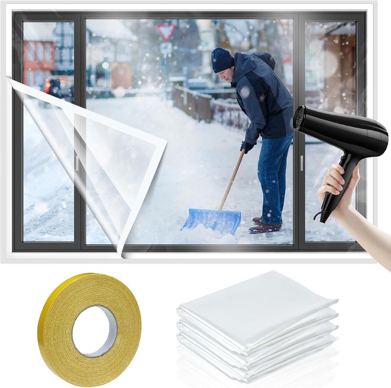 Chivertion 3 Pcs Window Insulation Kit Total 63 × 141 Inches Cuttable Transparent Film with Adhesive Straps Pof Shrink Film Window Plastic for Patio Winterizing Thicken Warm Winter Waterproof Insulation Cover - Image 1